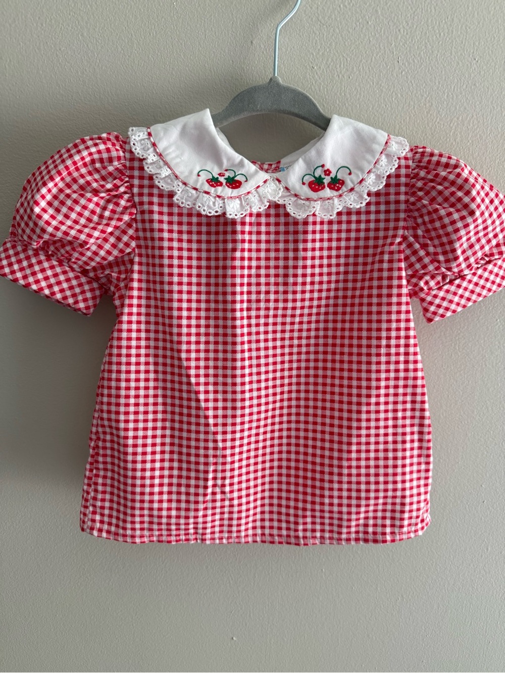 Vintage Paper Tag Strawberry Red White Gingham Shirt Puff Sleeve Lace Collar